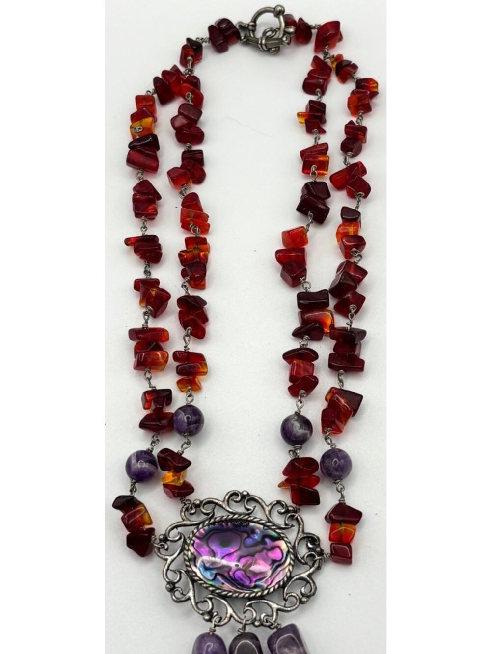 Vintage Abalone Pendant Necklace With Red Agate & Amethyst Statement - Picture 3 of 5